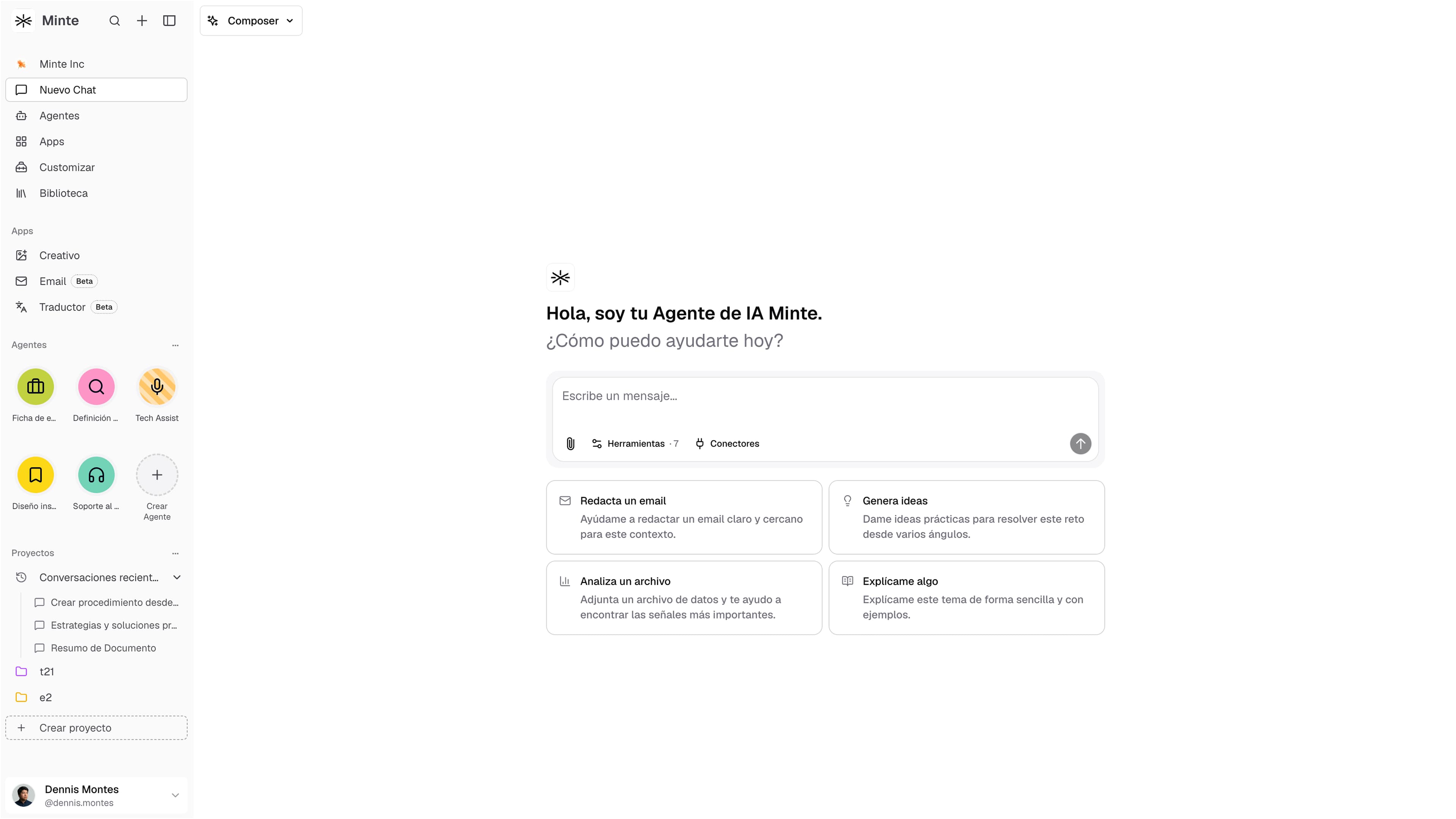 Interfaz de chat empresarial de Minte
