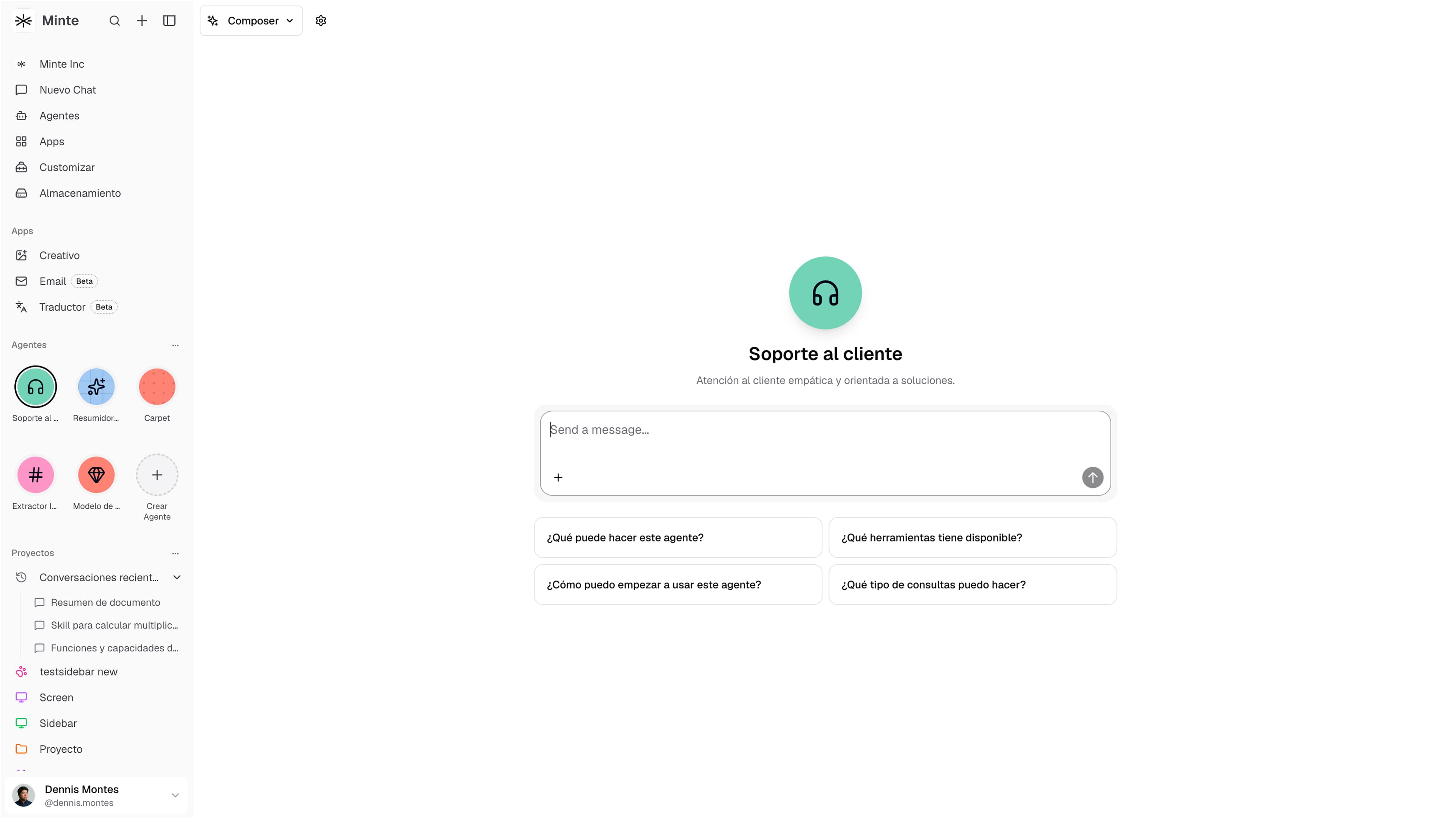 Pantalla inicial del agente de soporte al cliente de Minte con sugerencias de consulta