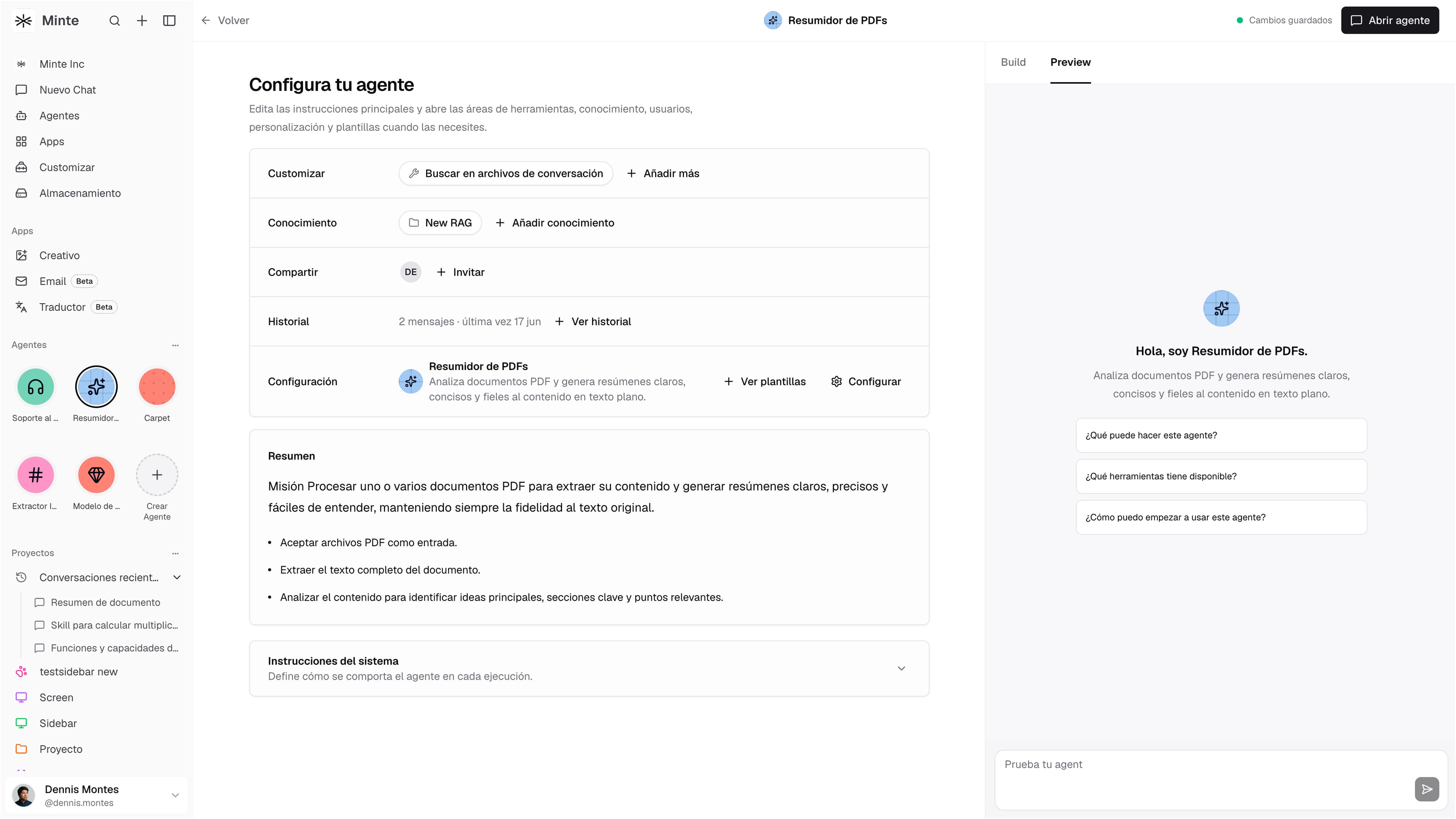 Configuración de un agente de Minte con conocimiento, usuarios, historial y vista previa