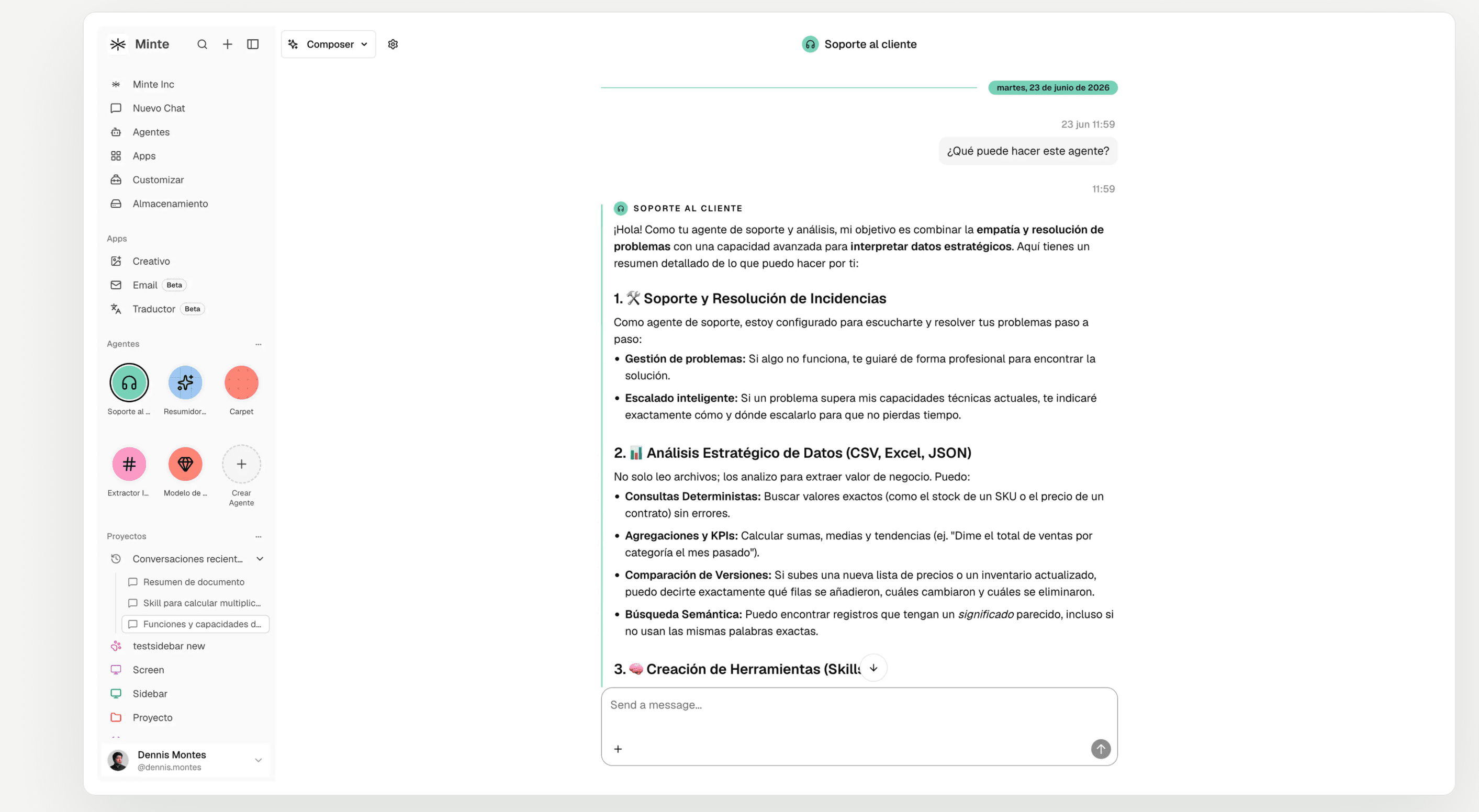 Conversación con un agente de soporte en Minte