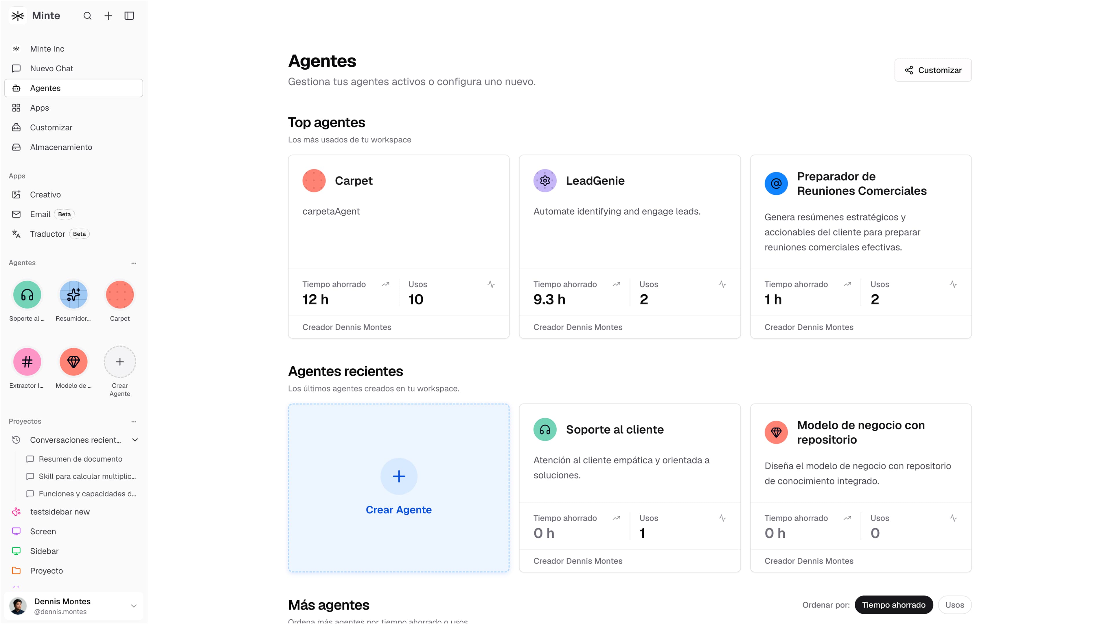 Panel de Minte con agentes empresariales y el tiempo ahorrado por sus automatizaciones