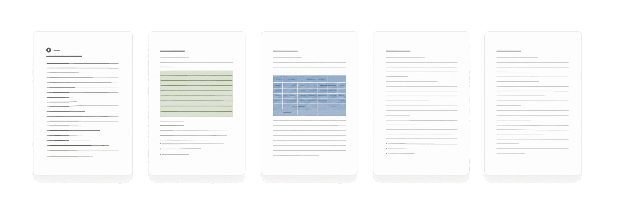 Five enterprise documents with contractual, tabular, and process information.