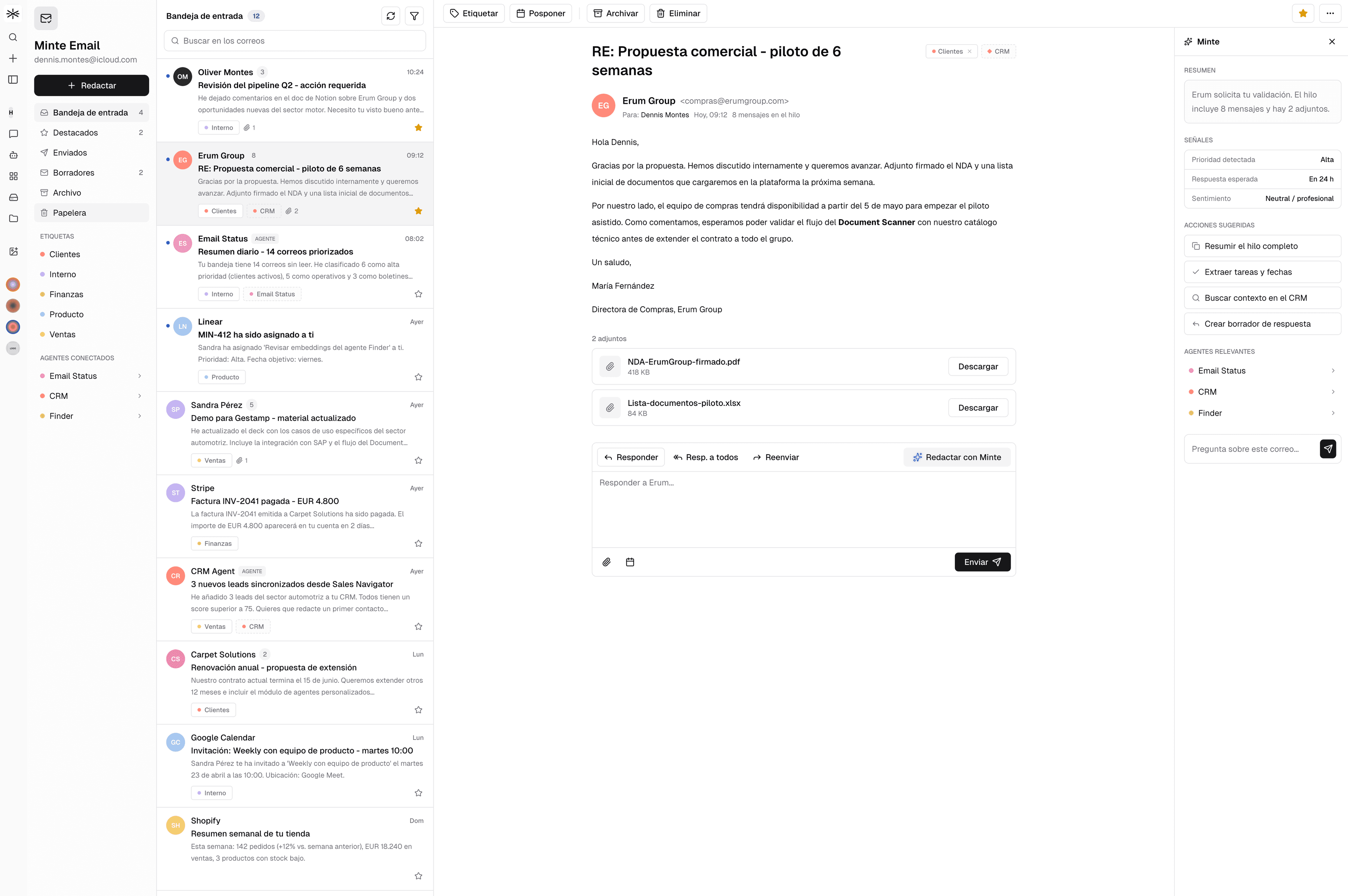 Bandeja de entrada de Minte Email con agente lateral