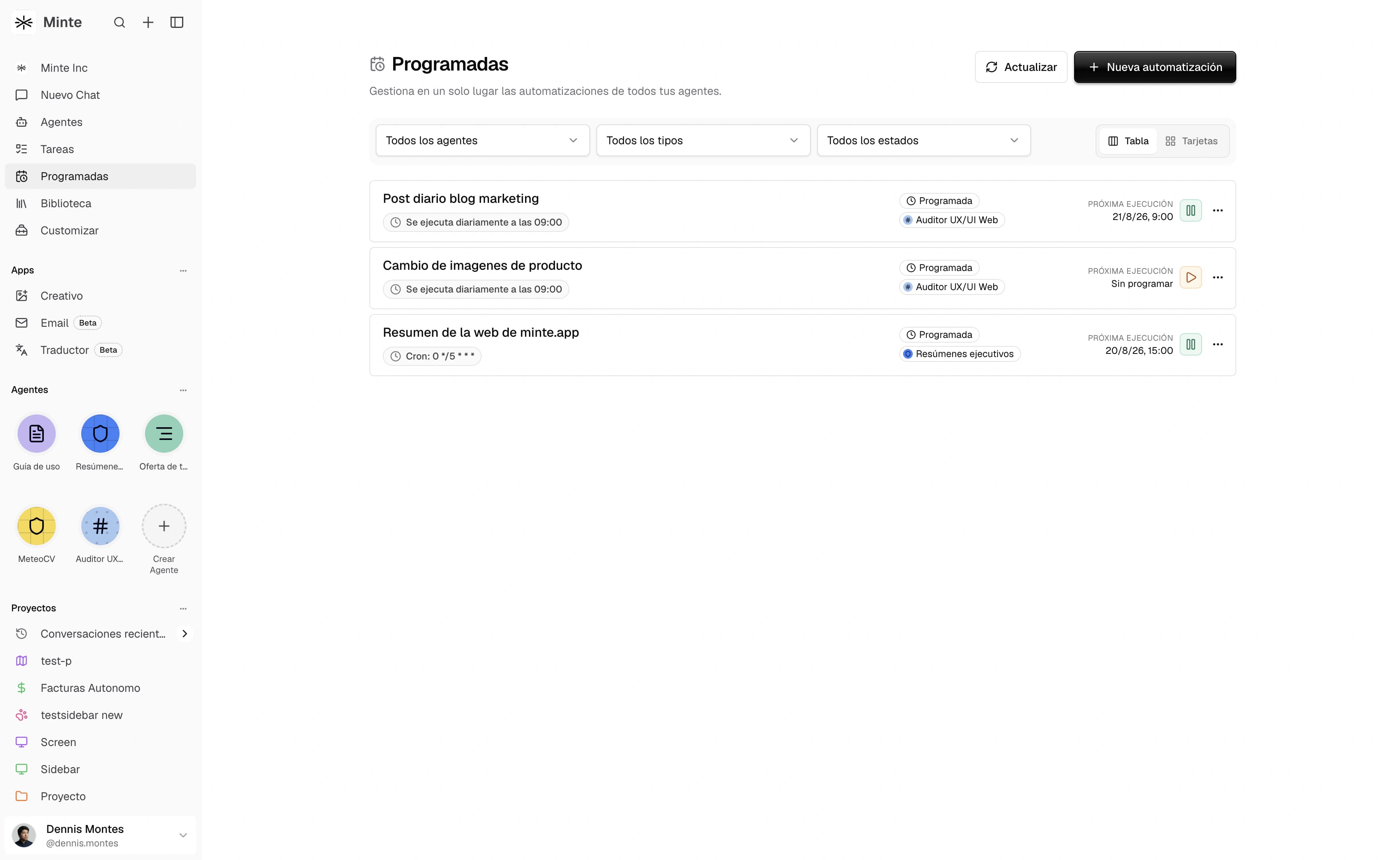 Vista real de Programadas de Minte con filtros, frecuencia y próxima ejecución