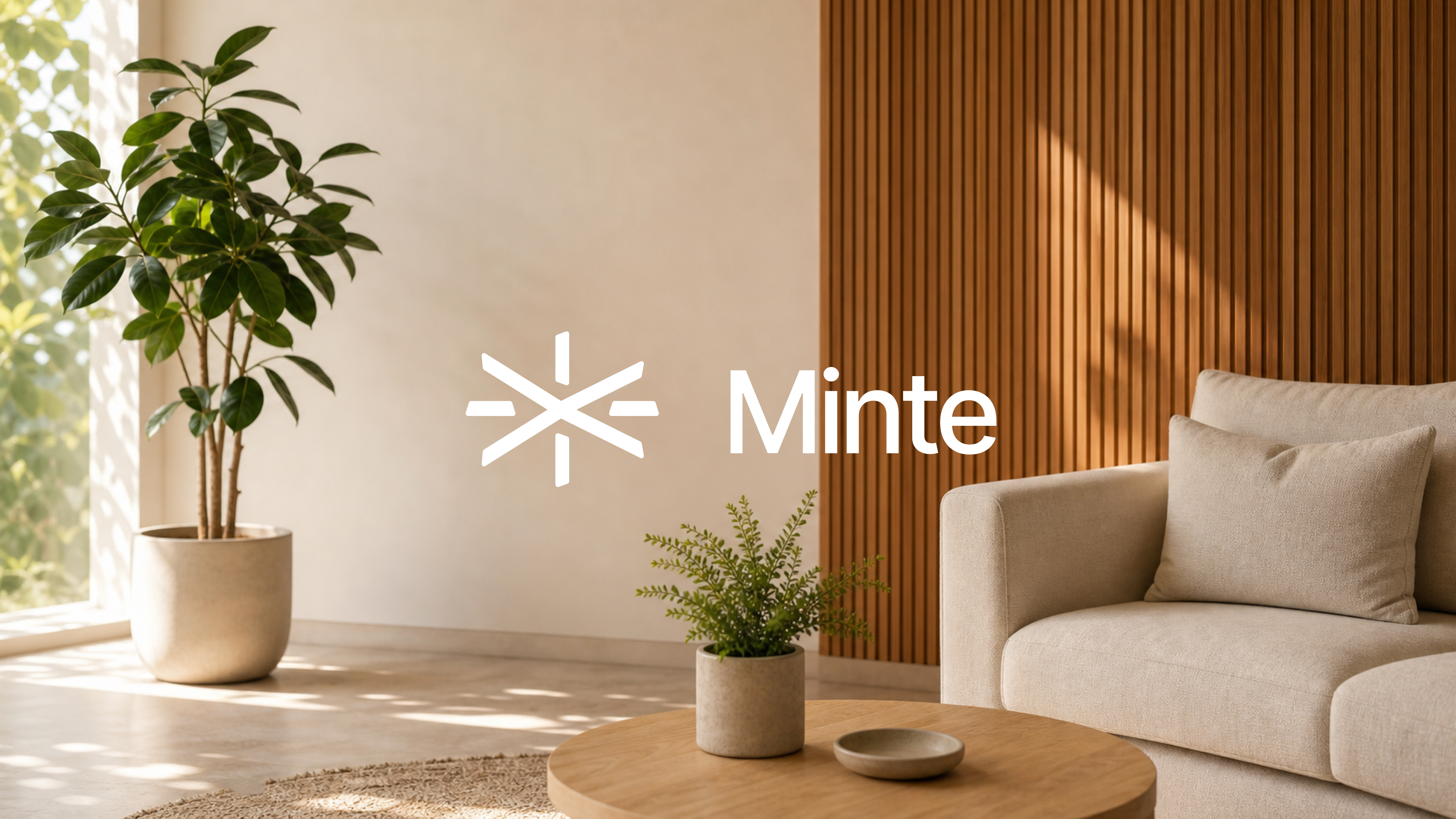 Wallpaper Minte 01 - salón con planta y panel de madera