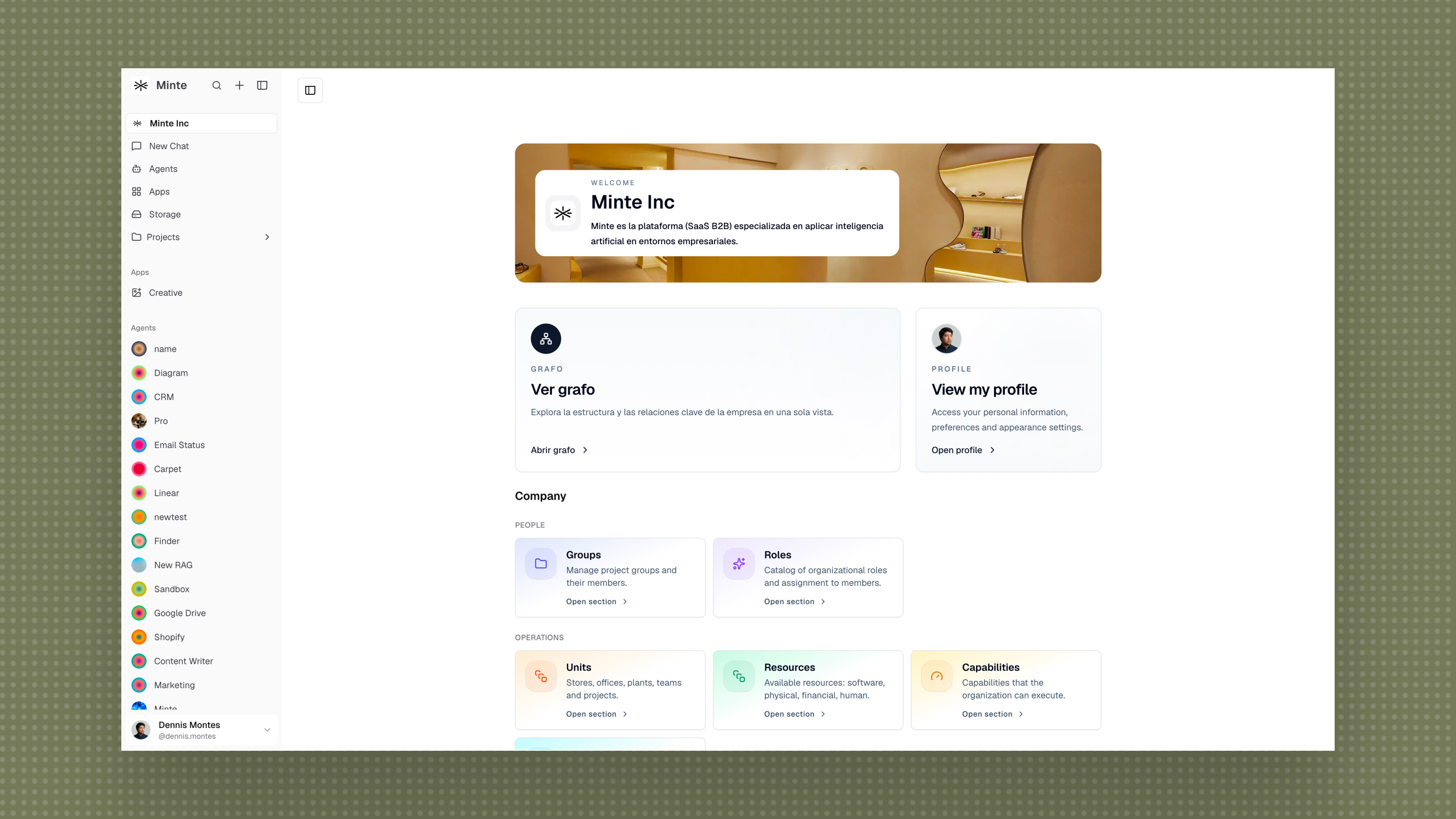 Minte Home - dashboard de bienvenida