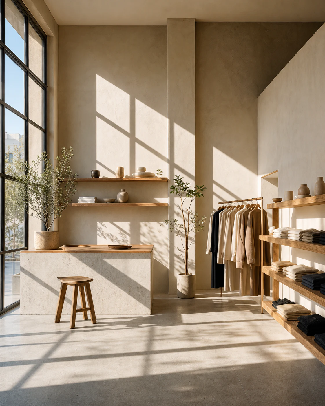 Interior de una tienda minimalista iluminada por luz natural