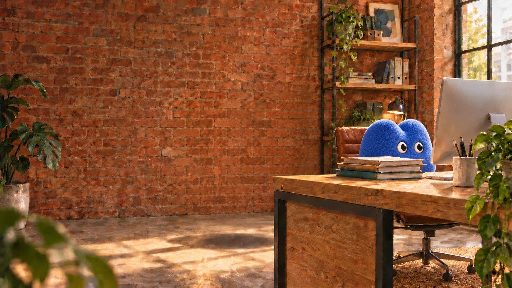 Mar seated on a chair, looking at the computer in an office with exposed brick walls