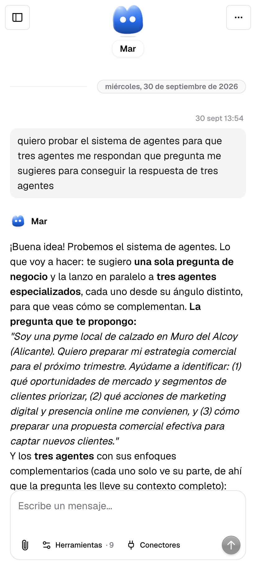 Mar in Minte on mobile, consulting three specialized agents
