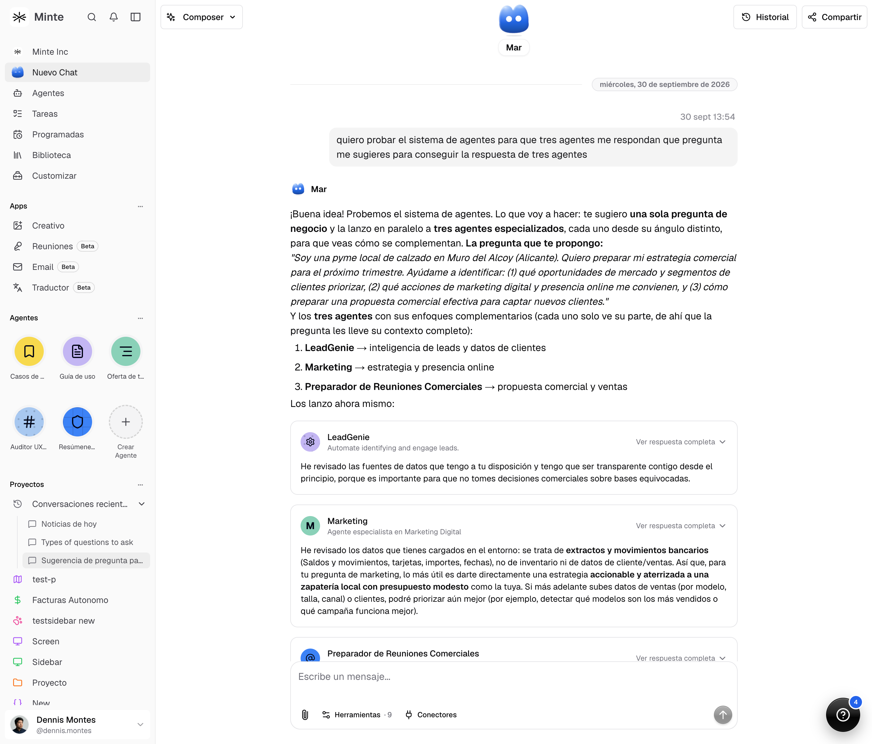 Mar in Minte consulting three specialized agents in a single conversation